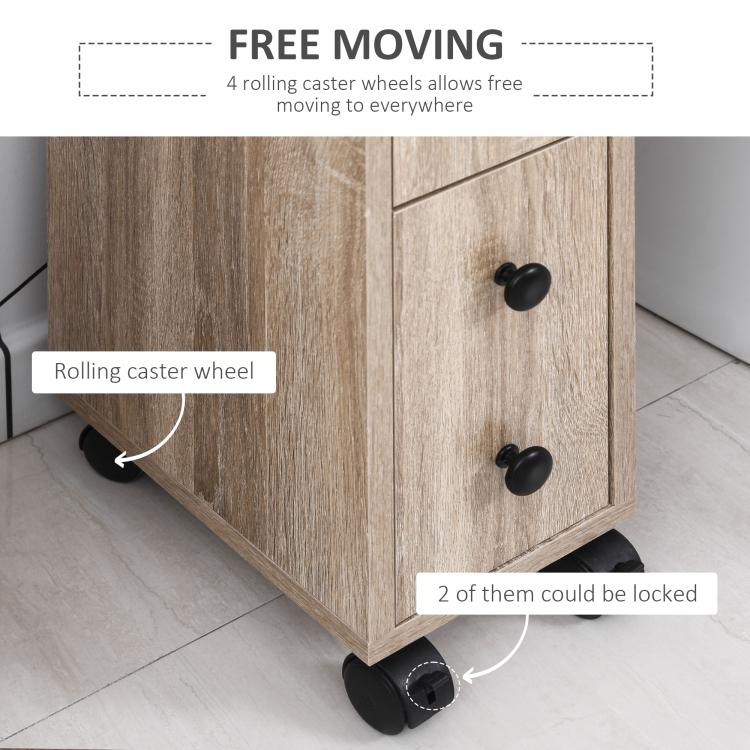 Oak bathroom cabinet corner view on rolling wheels with black knob door panels