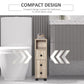 Oak compact bathroom cabinet on rolling wheels with open shelves and door cabinet