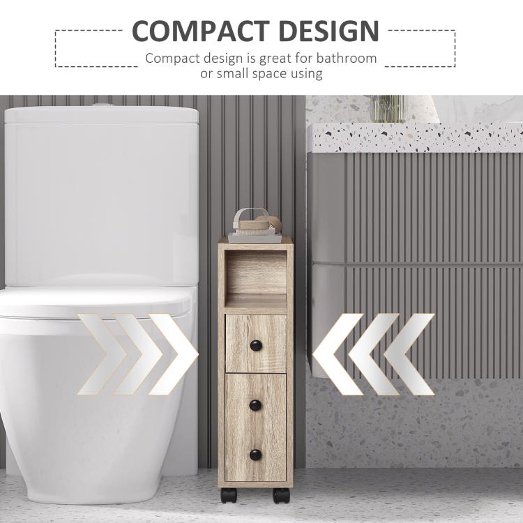 Oak compact bathroom cabinet on rolling wheels with open shelves and door cabinet