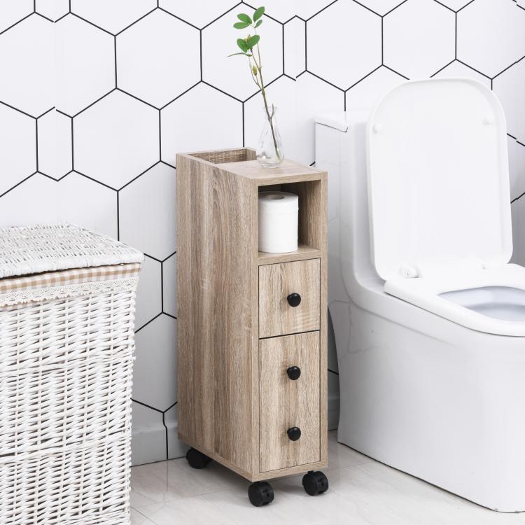 Oak bathroom cabinet with open top shelf, drawer, door cabinet, and rolling casters