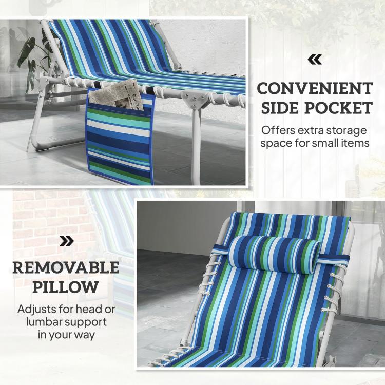 Set of 2 blue striped folding lounge chairs, side pocket and removable head pillow