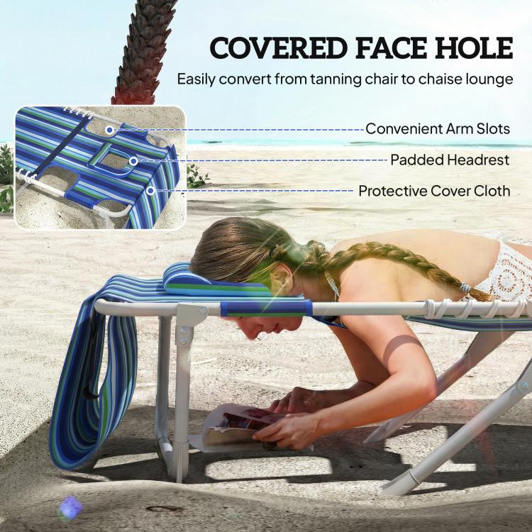 Blue striped tanning chaise lounge with covered face hole, open headrest section