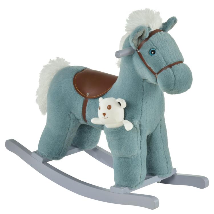 Blue plush rocking horse with wooden rockers and attached bear plush toy