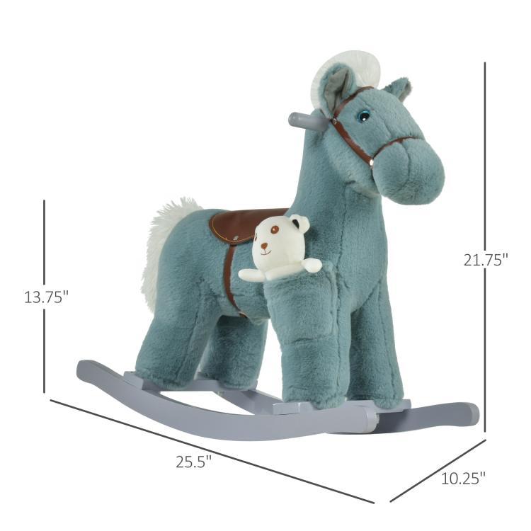 Blue plush rocking horse with brown saddle and bear plush, side profile