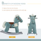 Blue plush rocking horse, front and side views with bear plush, gray rockers