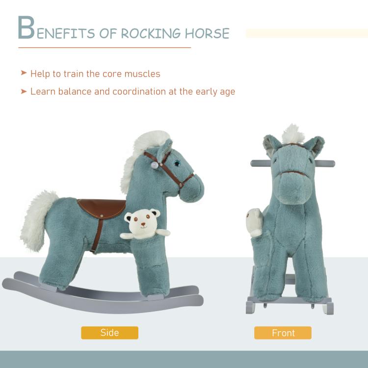 Blue plush rocking horse, front and side views with bear plush, gray rockers