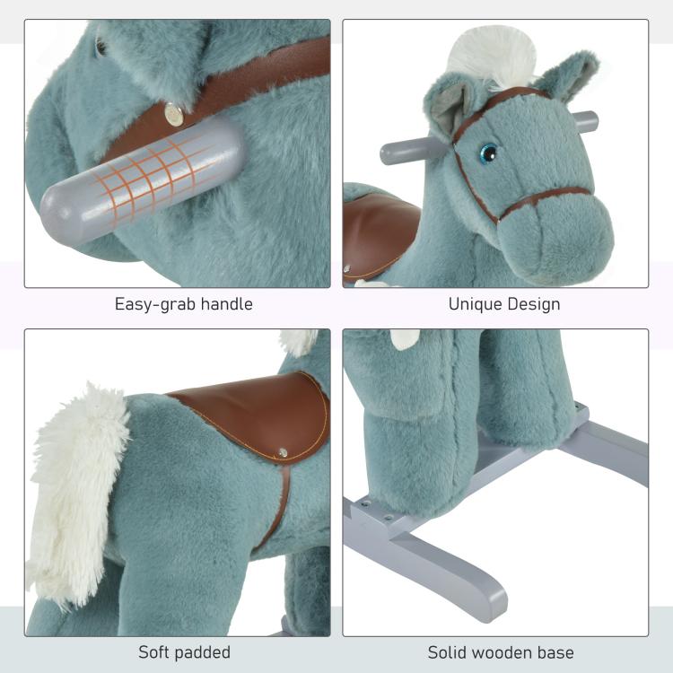Blue plush rocking horse close-up details: bear plush, brown saddle, white mane