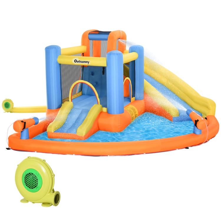 Kids inflatable water bounce castle with slide, climbing walls, blue gate, and water pool
