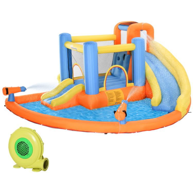 Kids inflatable bounce house with water pool, slide, climbing walls, and two water guns