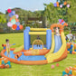 Kids inflatable bounce castle with yellow slide, blue sides, orange pool, and water mist