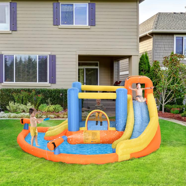 Inflatable kids water bounce castle with yellow slide, blue pillars, orange base, and pool