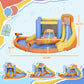 Kids inflatable bounce castle size diagram with water pool, slide, and water gun positions