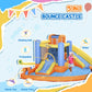 5-in-1 kids bounce castle diagram showing slide, climbing wall, trampoline, and water pool