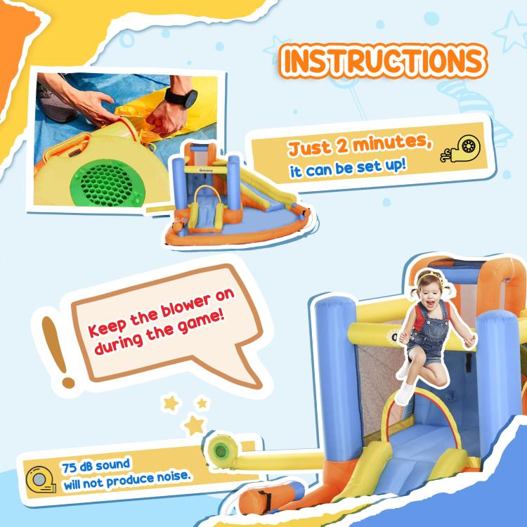 Bounce castle setup instructions graphic with blower guidance and ride-ready placement