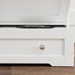 White dog feeding station base cabinet with round knob and open shelving