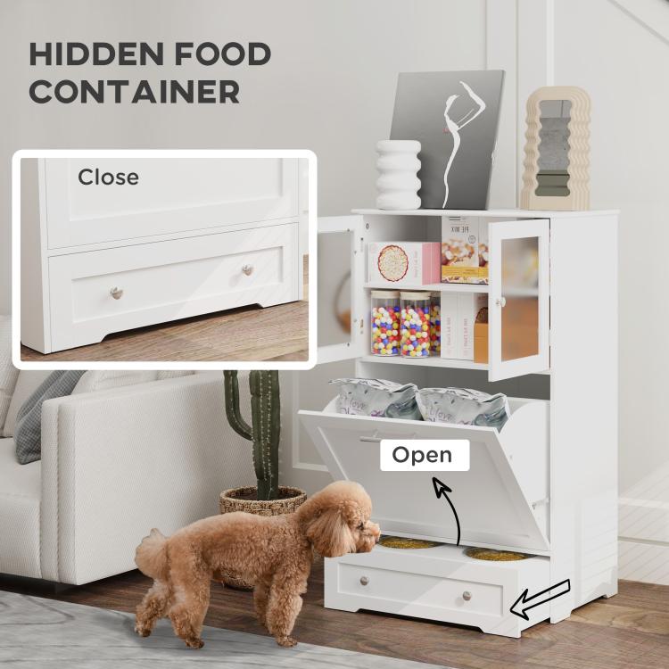 White dog feeding station with hidden food container drawer open and storage shelves