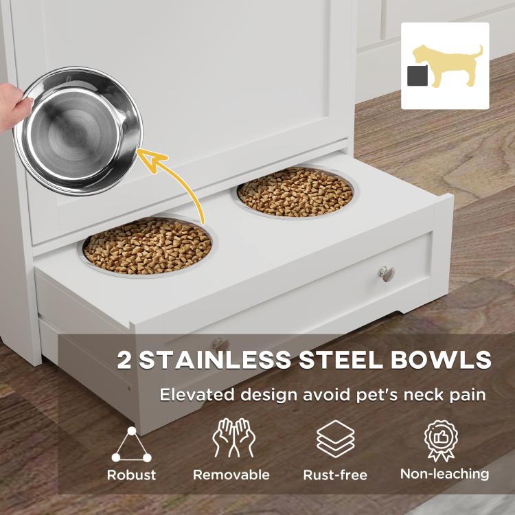 White dog feeding station showing two stainless steel bowls set into the top