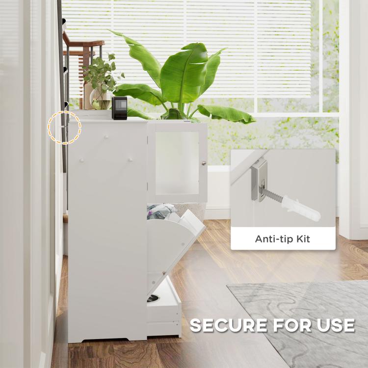 White dog feeding station with anti-tip kit hardware extended from the side