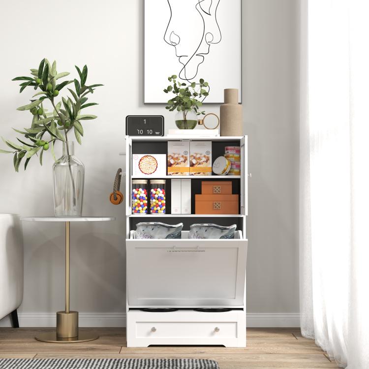 White dog feeding station with open upper storage shelves and front drawer