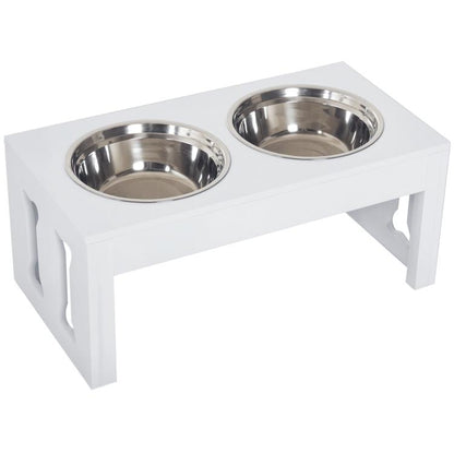 White wooden elevated dog feeding station with two stainless steel bowls