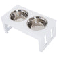 White wooden raised pet bowl stand with two stainless steel food and water bowls