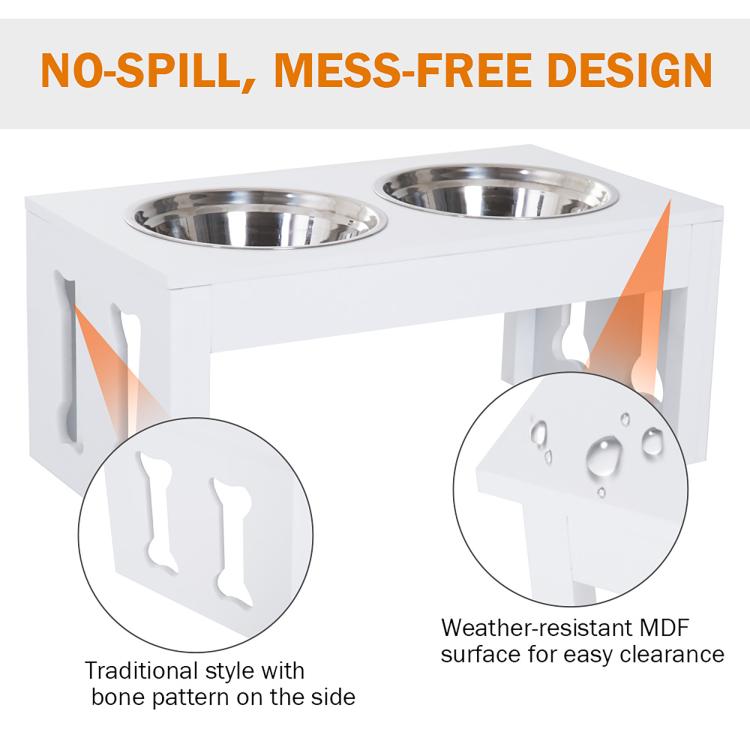 White wooden raised feeder with two stainless bowls; no-spill side panels detail