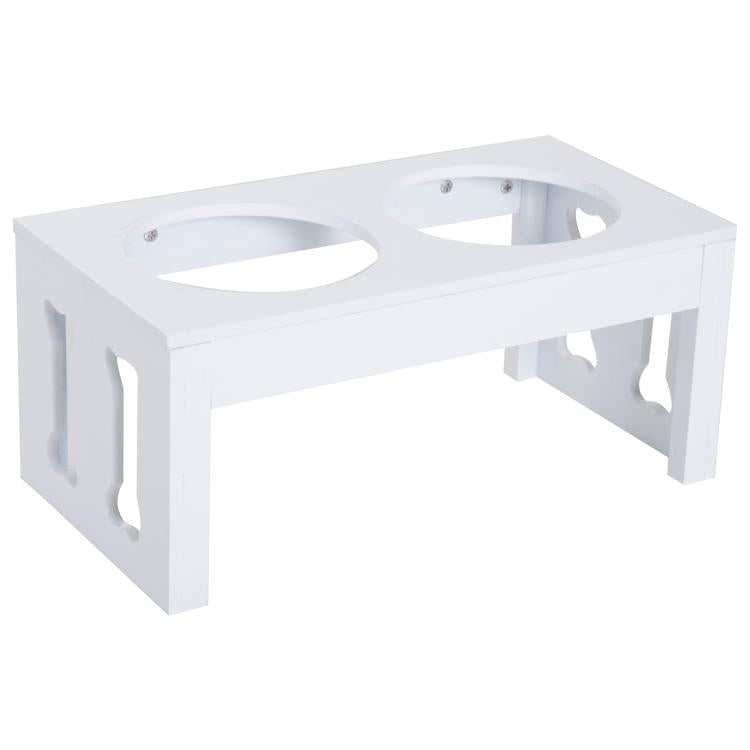 White wooden elevated pet bowl stand with two bowl openings; top view