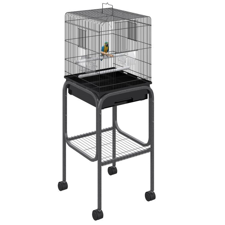 Black metal indoor bird cage with rolling stand and black base tray