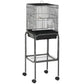 Black metal indoor bird cage with detachable rolling stand and open front tray