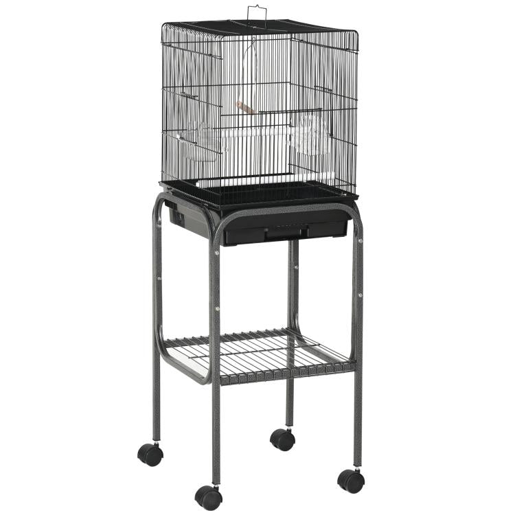 Black metal indoor bird cage with detachable rolling stand and open front tray