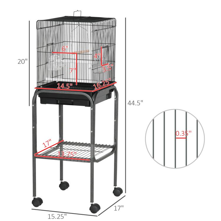 Black 45-inch bird cage with detachable wheeled stand and labeled dimensions