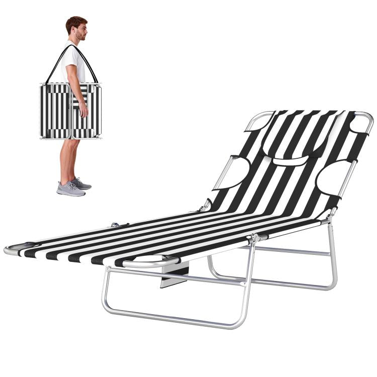Black-and-white striped folding chaise lounge chair with head pillow and face opening