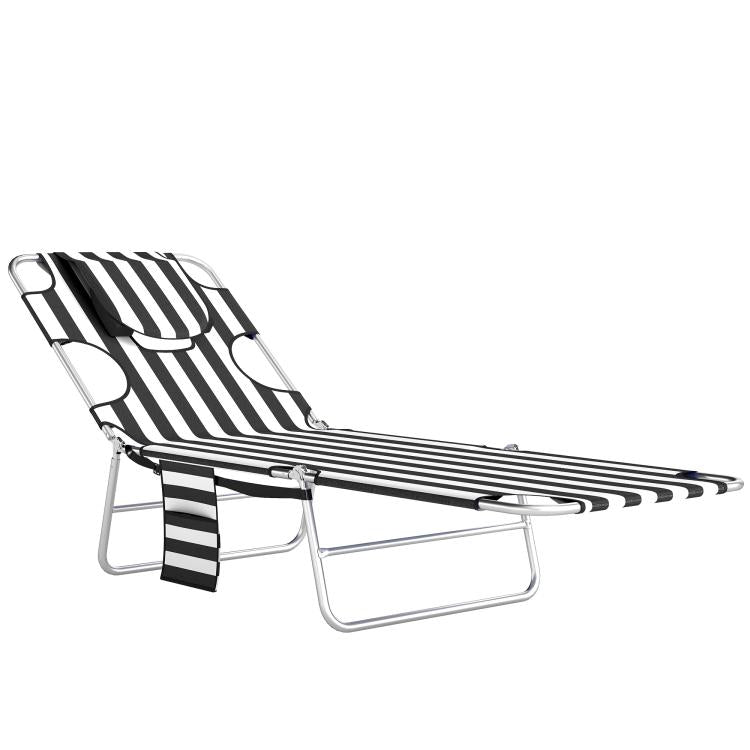 Striped tanning lounger with face-hole headrest, included pillow, 5-level adjustable legs