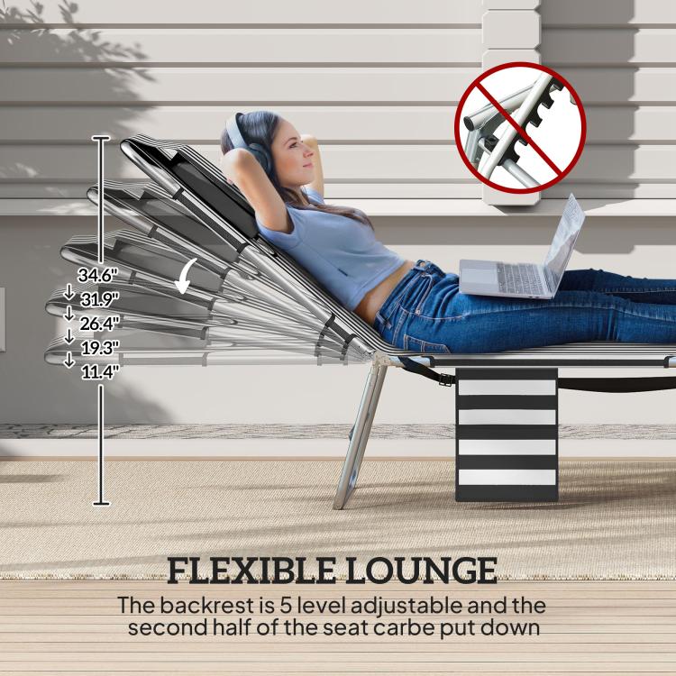 Adjustable tanning chaise lounge chair with 5-level back and striped padded seat