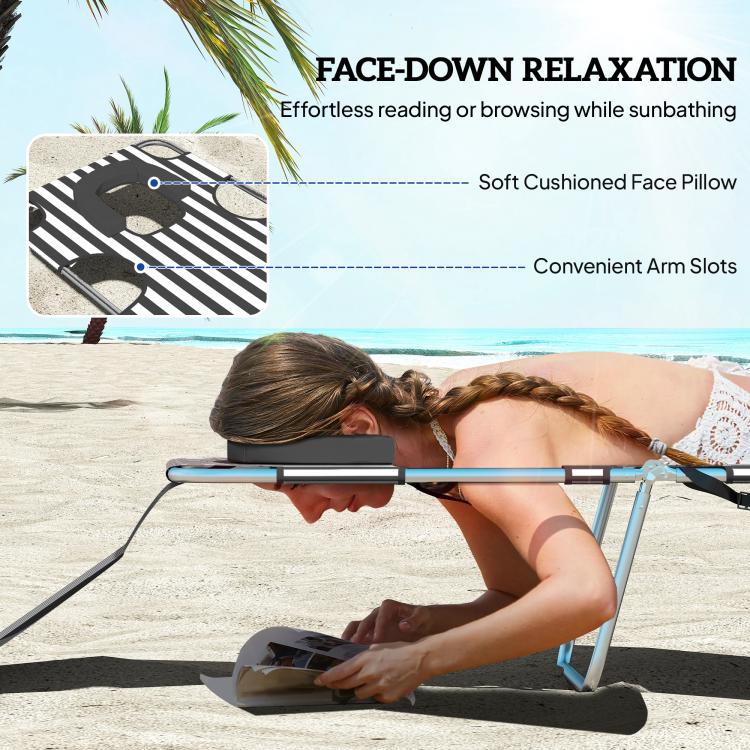 Face-down tanning chaise lounge with cushioned face pillow and black-and-white striped cover