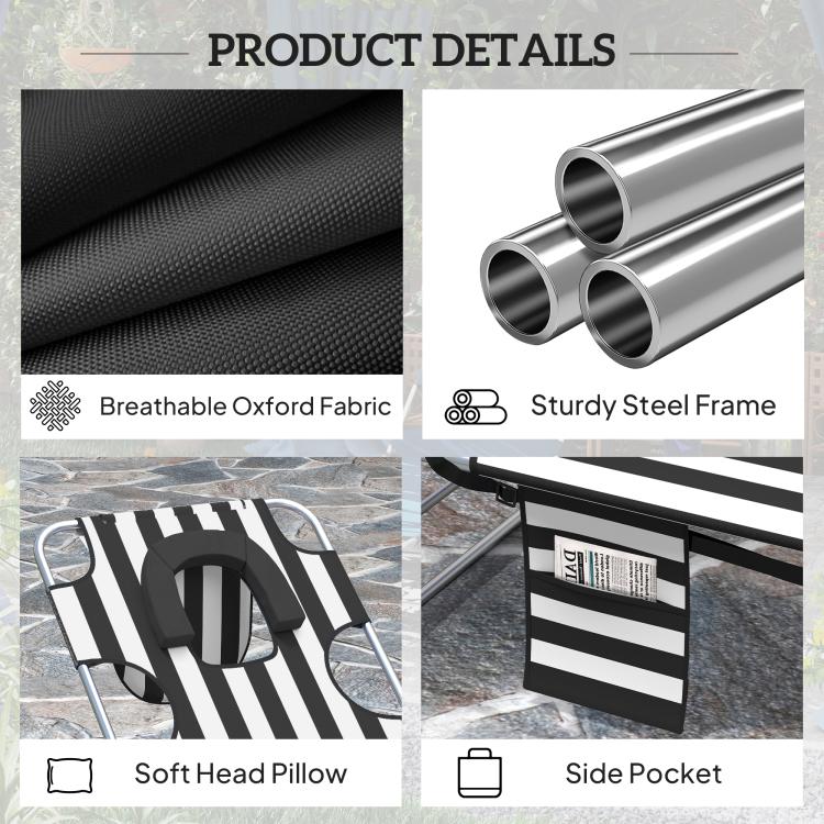 Product detail of striped tanning chaise lounge: breathable Oxford fabric and sturdy steel frame