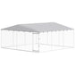 Outdoor dog kennel with silver frame, gray waterproof roof, and chain-link enclosure; front-side view