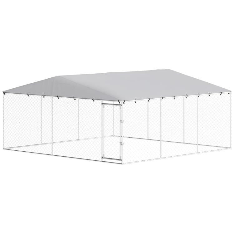 Outdoor dog kennel with silver frame, gray waterproof roof, and chain-link enclosure; front-side view