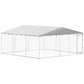 Outdoor dog kennel with silver metal mesh walls and gray waterproof roof cover