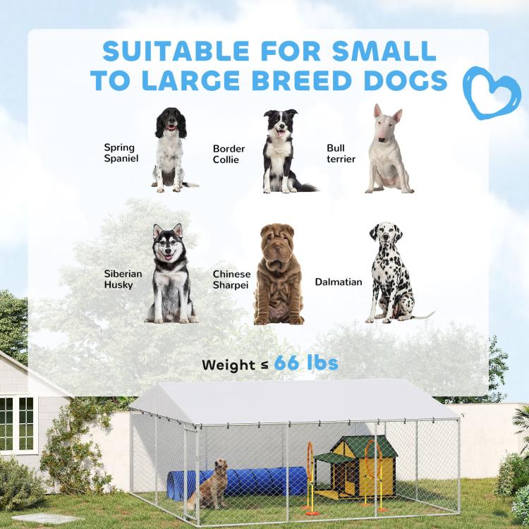 Outdoor dog kennel with silver frame and gray waterproof roof, chain-link walls with two dogs in view