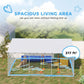 Outdoor dog kennel with silver frame, gray waterproof roof, chain-link walls and blue accessories inside