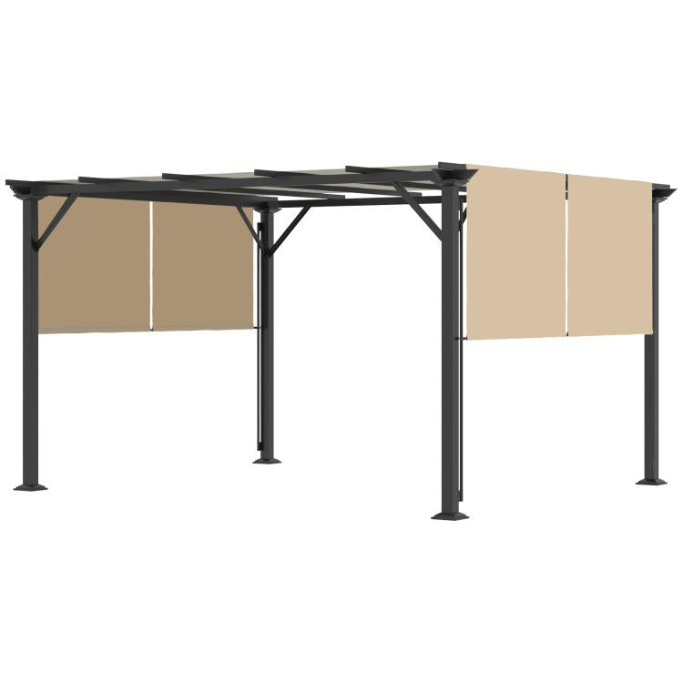 Beige retractable pergola canopy with dark steel posts and roof crossbars