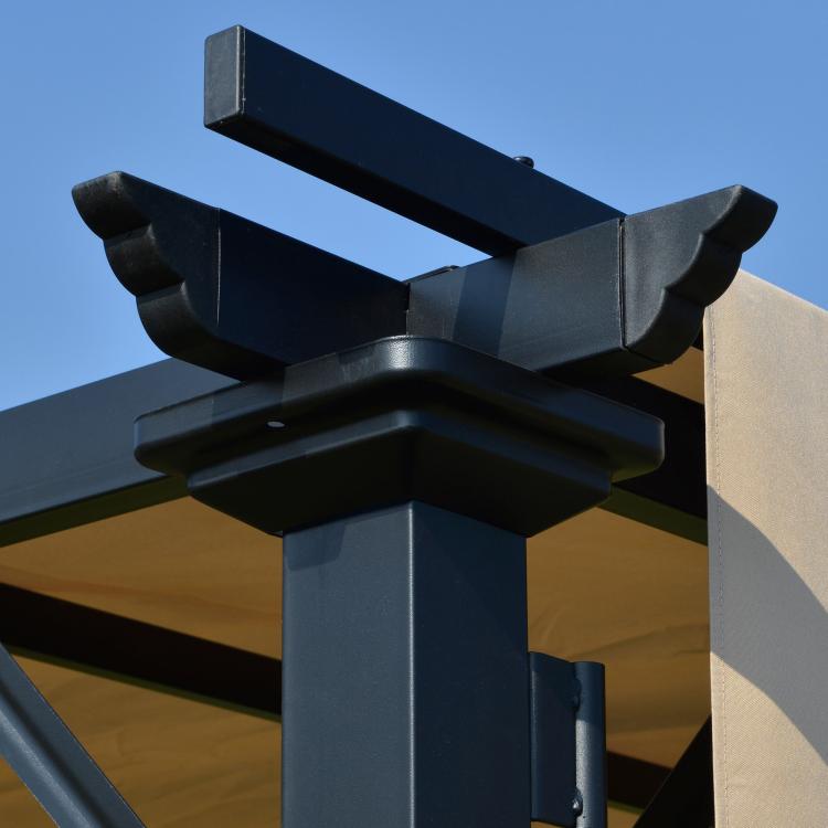 Retractable pergola canopy: beige fabric with black metal arm and roller detail