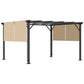 Retractable pergola canopy with beige sun shade and black metal frame posts