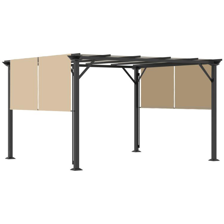 Retractable pergola canopy with beige sun shade and black metal frame posts