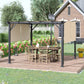 Outdoor pergola canopy with beige fabric curtains over patio dining set