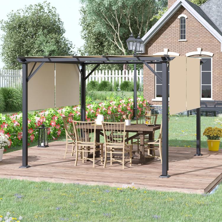 Outdoor pergola canopy with beige fabric curtains over patio dining set