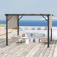 Beige retractable pergola canopy over outdoor seating on wooden deck