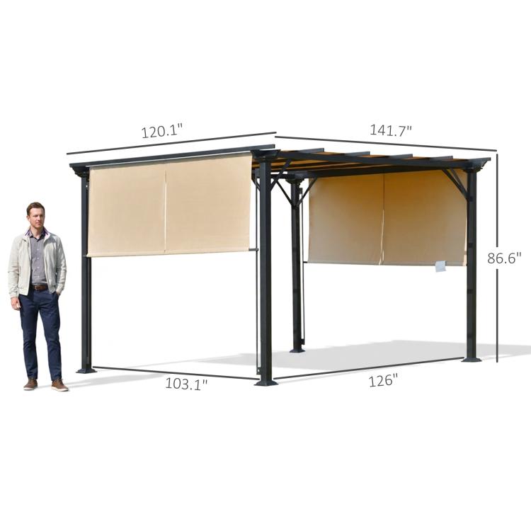 12x10 ft retractable pergola canopy with beige top fabric and steel frame
