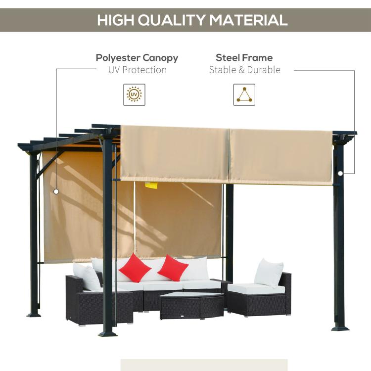 Beige polyester canopy fabric over outdoor sofa set with dark steel frame